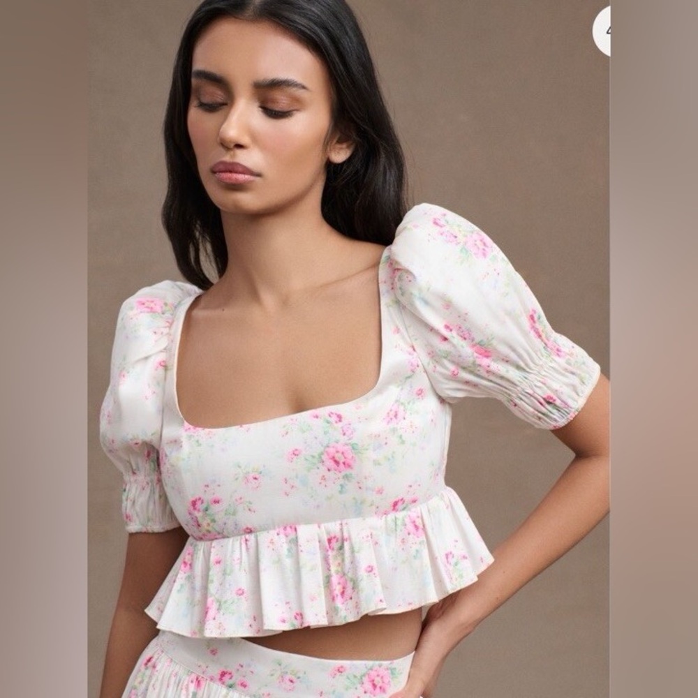 Anthropologie Maison Amory Letterbox Floral Puff-Sleeve Cropped Peplum Top